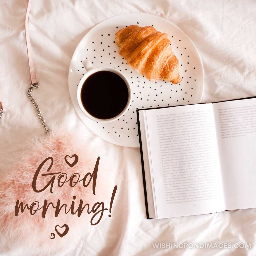 Cup of coffee with pie, open book and stylish bag closeup. Good morning coffee images